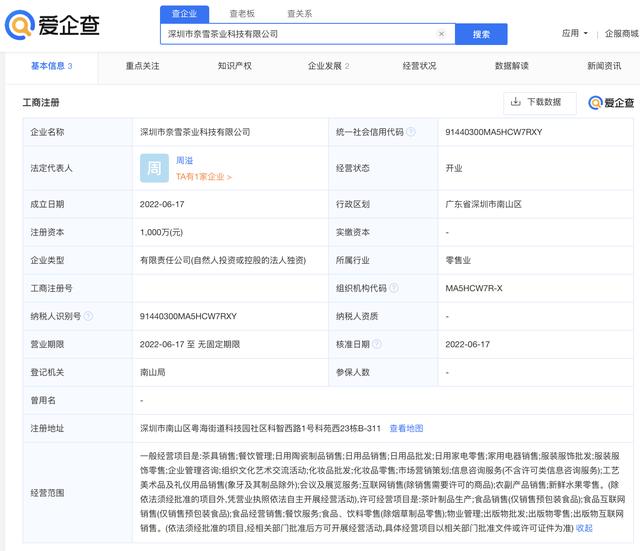 据爱企查App显示，奈雪的茶成立茶业科技公司，注册资本1000万元
